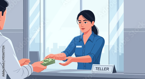 Bank teller giving money to customer, financial transaction