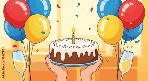 Birthday cake celebration with balloons and champagne, festive occasion