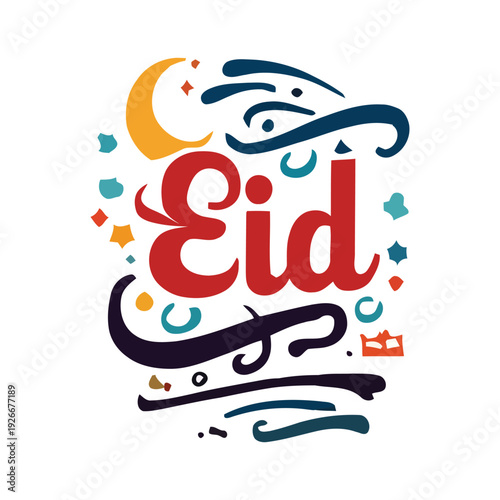 Eid Mubarak calligraphy with crescent moon and stars, a vibrant artistic design for Islamic celebrations and festive greetings