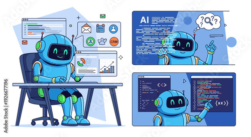 ai robot working, coding, data analysis, business, technology