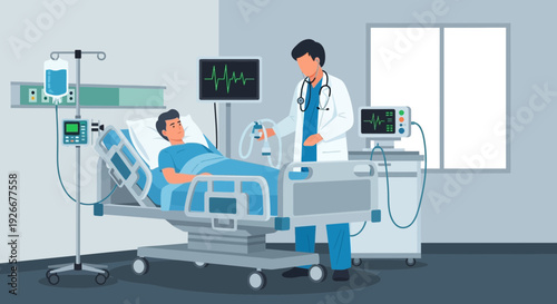Doctor checking patient in hospital room, medical equipment, healthcare concept