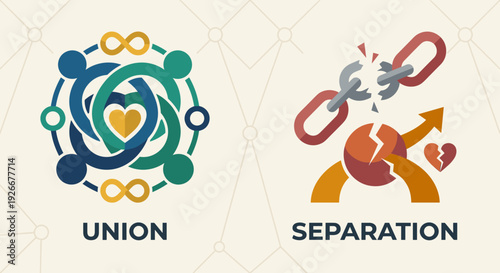 Two contrasting flat design icons illustrating the concepts of union and separation, showing togetherness versus breakup in a clear visual comparison infographic