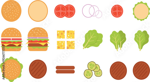 Burger ingredients vector set with bun lettuce tomato cheese onion patty and sauce elements for fast food menu and cooking design.