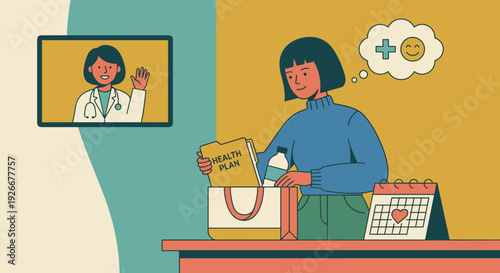 Woman packing a health plan folder into a bag at her desk during an online consultation with a doctor, illustrating modern telemedicine, wellness, and proactive self-care