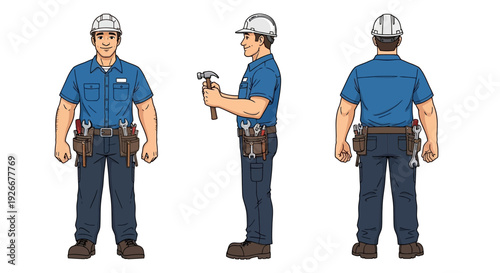 construction worker with tools, front, side and back view