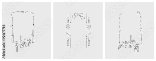 Hand drawn vector abstract outline,graphic,line celebration ornament party frames set in drawing elegant style.Elegant decoration vintage outline design isolated.Birthday,Christmas,party frames design