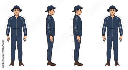 man in blue workwear, side and front views, with hat