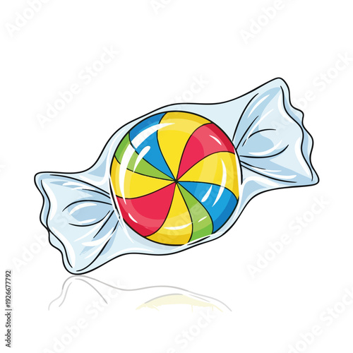 Colorful Swirled Candy Wrapped in Clear Cellophane on White Background