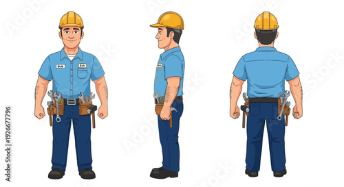 Construction worker with tools, front, side and back view, cartoon style