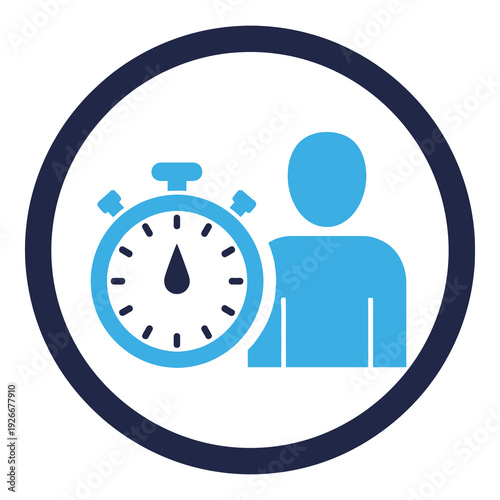 Blue icon of person next to stopwatch in circle icon