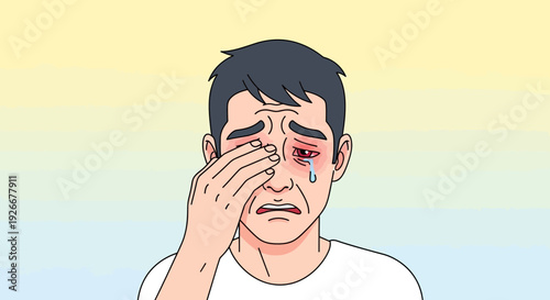 Man with red eyes, crying, hand on face, sadness concept