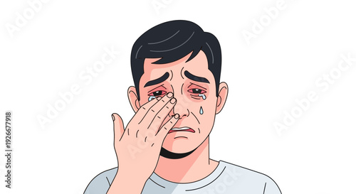 sad man crying, wiping tears, emotional distress, grief concept