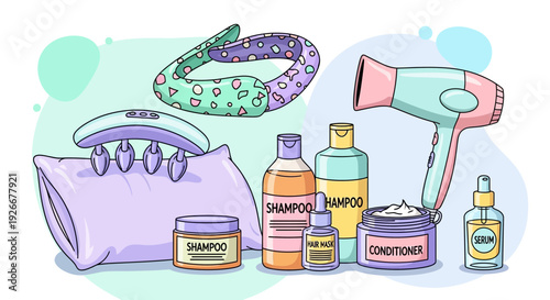 Hair care products: shampoo, conditioner, serum, hair dryer, and accessories