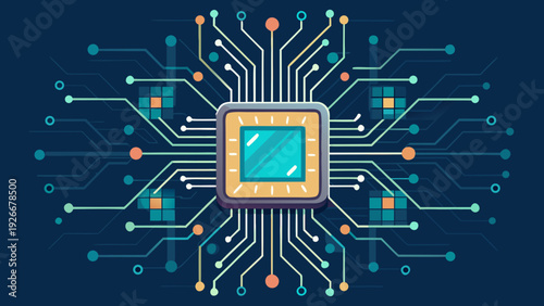 Advanced microchip with intricate neural network circuitry and digital data flow Vector