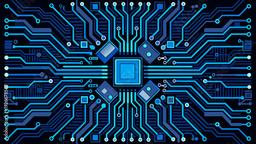A futuristic depiction of a central processing unit with glowing blue circuitry connections Vector