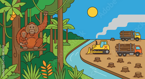 Sad orangutan mother and baby clinging to a tree watching their jungle habitat being destroyed by logging trucks and a bulldozer in a powerful environmental vector illustration