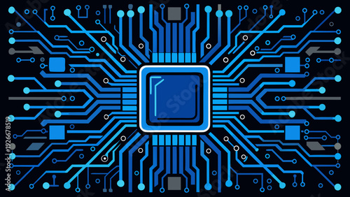 Intricate digital circuitry with a central processor chip glowing in blue light Vector