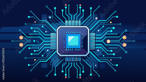 Advanced microchip with intricate digital circuit design and futuristic technology elements Vector
