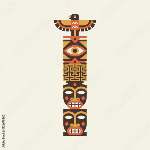 Totem Pole Symbolism: A stylized, vibrant depiction of a totem pole, adorned with symbolic carvings and representing cultural heritage and artistic expression. 