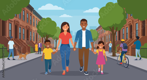 Happy family of four holding hands while strolling through their vibrant urban neighborhood with brownstone houses and lush green trees on a bright sunny day