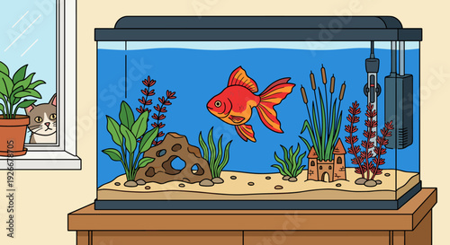Cartoon home aquarium with a single goldfish swimming among plants and decorations, equipped with a filter and heater, as a curious cat watches from the window