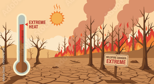 Conceptual illustration of a wildfire disaster showing a burning forest, dry cracked earth, a danger sign, and a thermometer indicating extreme heat and global warming