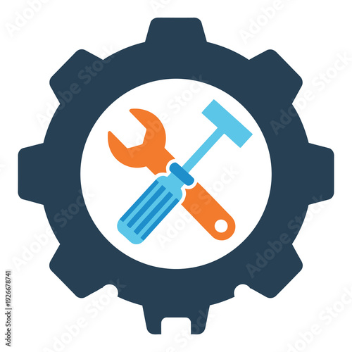 Cog wheel with wrench and hammer crossed inside  maintenance symbol icon