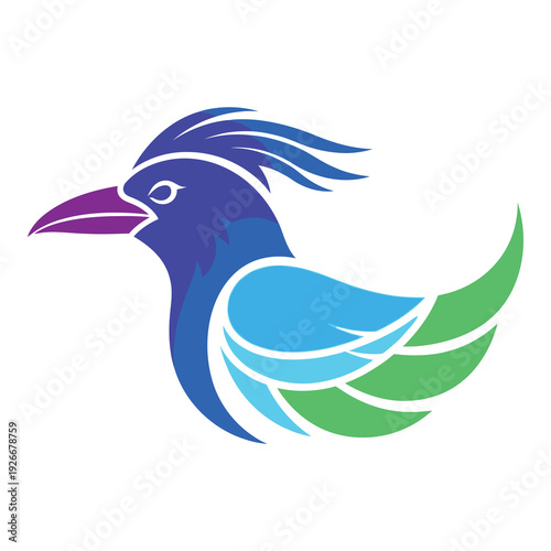 Colorful bird head and wing illustration with purple beak  blue and green feathers icon