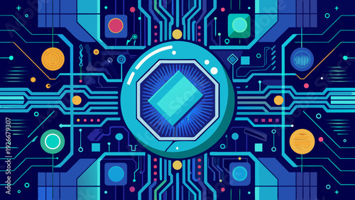 The intricate fusion of futuristic technology and digital connectivity in a vibrant circuit design Vector