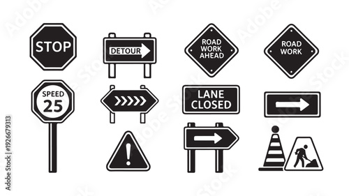 Road sign vector icon set. Includes stop, speed limit, lane closed, road work, traffic signs. Created in black and white line style with simple shapes