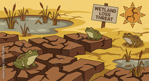 Three sad green cartoon frogs sitting on dry cracked mud in a parched wetland during a drought, illustrating the concept of habitat loss and climate change