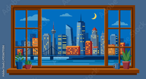 Colorful flat design vector illustration of a modern city skyline at night, seen through a window with potted plants on the sill, showing illuminated skyscrapers and a crescent moon