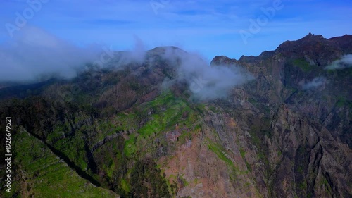 Drone Flight Over Mountain Ridges and Moving Clouds, Madeira Island Portugal