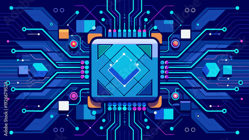 Futuristic digital interface showcasing advanced cybersecurity technology on a circuit board. Vector