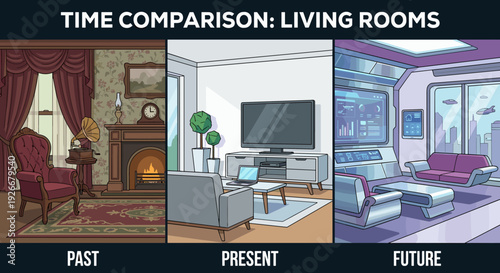 Living room interior evolution comparison illustration showing past, present, and future home design styles from vintage classic to modern minimalist and futuristic sci-fi technology