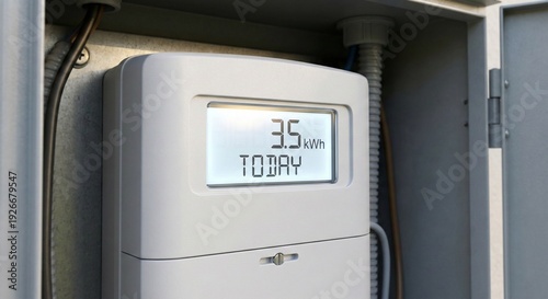 Close up of a modern digital smart energy meter display showing three point five kilowatt hours of electricity consumption