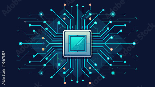 Advanced processor chip with futuristic digital network connections and data flow. Vector