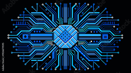 Abstract digital network with futuristic central node and glowing pathways Vector