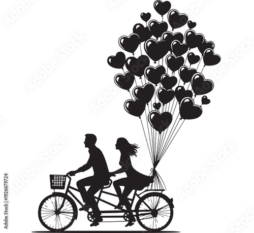 Couple riding bicycle with heart balloons