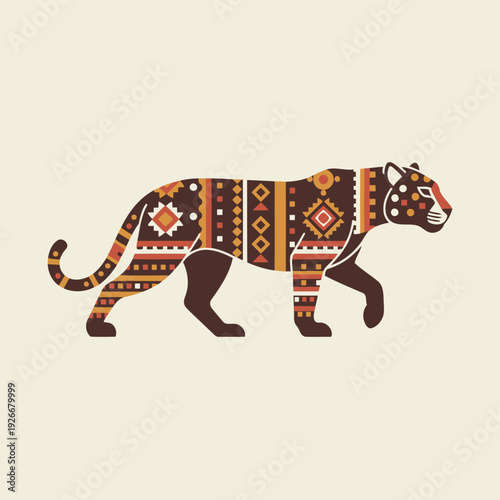 Foto Ethnic Decorated Jaguar: A stylized jaguar is adorned with a vibrant and intricate ethnic pattern, its powerful form rendered in a minimalist design, ready to prowl and captivate the eyes