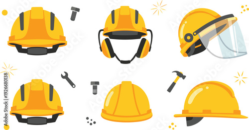 Construction safety helmet vector set with protective hard hats face shield earmuffs and tools for engineering and industrial design.