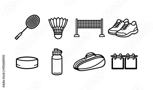 Badminton equipment: badminton racket, shuttlecock, net, sports shoes, wristband, water bottle, equipment bag, score board