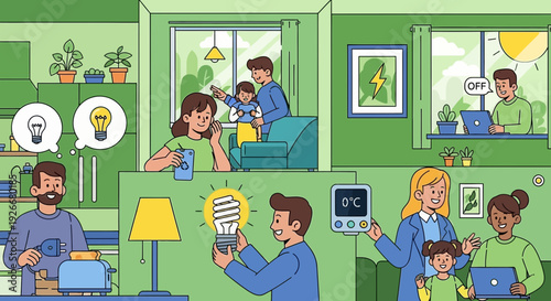 Energy efficient home: people using smart devices and appliances