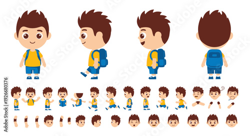 cartoon schoolboy character set, various poses and expressions