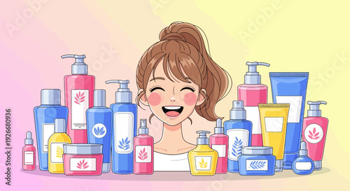 beauty products illustration, skincare cosmetics, woman with products