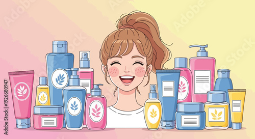 happy woman with beauty products, skincare routine