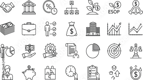 Eco friendly net zero energy recycling waste management charity fintech banking cryptocurrency construction tools real estate and business growth icons set