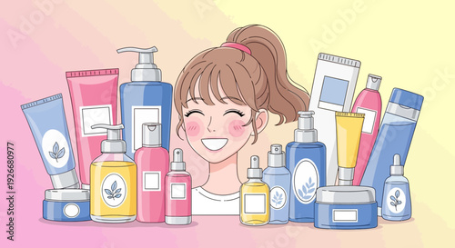 beauty products and smiling girl, skincare, cosmetic, beauty routine