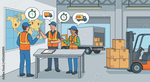 Team of diverse warehouse workers discussing logistics and delivery schedules in a busy distribution center with a world map, forklift, and truck in a flat illustration style