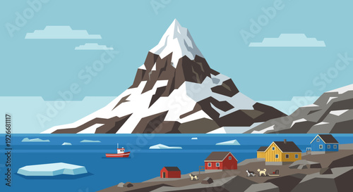Arctic coastal village landscape with colorful houses and a fishing boat near a large snow-capped mountain with icebergs in the water, a flat vector illustration